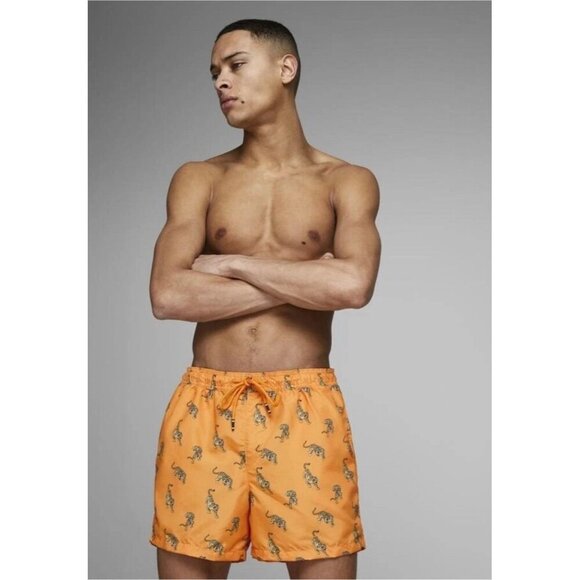 Jack and Jones Swim Shorts Men's Flame Orange Tiger Motif - Size Large - Picture 2 of 11